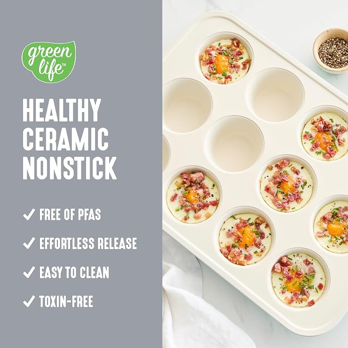 GreenLife 12 Cup Ceramic Nonstick Muffin Pan, Gray | 11.4" x 1.9" x 15.9", PFAS-Free Nonstick, Cupcake Tin, Easy Release, Even Heating, Wipe Clean, Heavy Duty, Warp Resistant