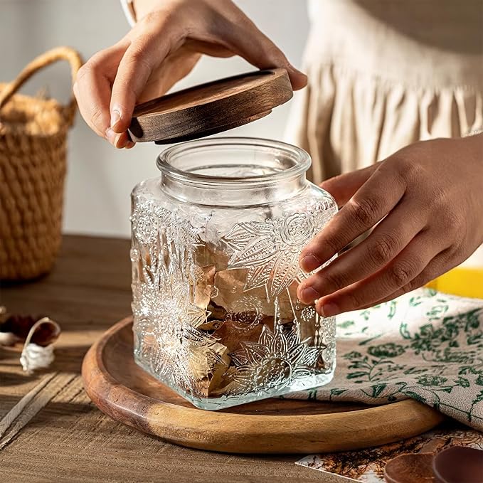 Glass Storage Jars With Airtight Lid, 23.7oz Container For Kitchen Counter with Wood Lid, brown sugar, candy, coffee, cookie, salt, tea, cute Jar (Square Sunflower*1)