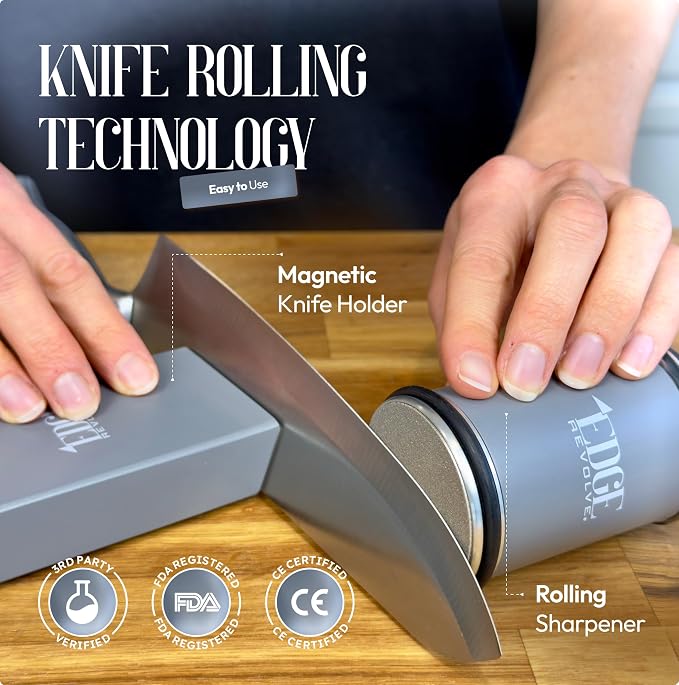 Rolling Knife Sharpener Kit, Magnetic 15° & 20° Angle Guides, Diamond & Ceramic Discs, Manual Rolling Knife Sharpener Tool for Razor-Sharp Kitchen gadgets, Chef & Outdoor Knives (Gray Blue)