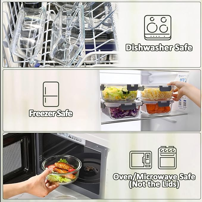 M MCIRCO 30 Piece Extra Large Glass Food Storage Containers with Lids,Gray | Glass Meal Prep Containers,Airtight LunchContainers with Lids, Microwave, Oven,Freezer and Dishwasher Friendly, BPA Free