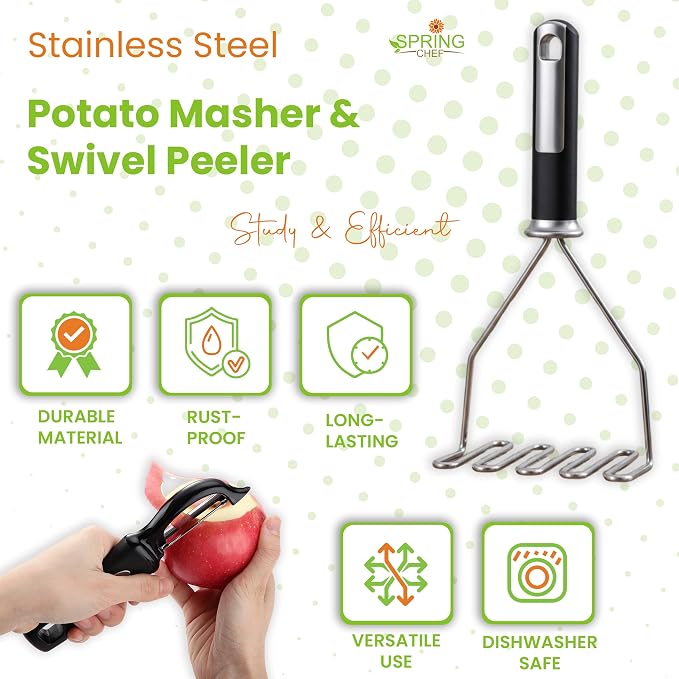 Spring Chef Stainless Steel Premium Vegetable Peeler with Potato Masher, Soft Grip Handle Metal Food Peeler and Masher for Fruit & Vegetables