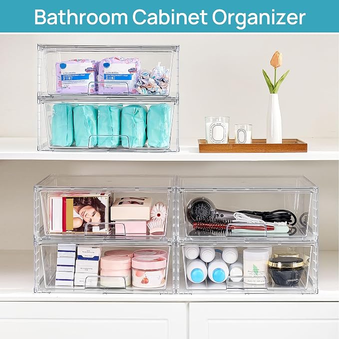 Vtopmart 6 Pack Large Clear Stackable Storage Drawers for Closet, Pantry | Easily Assemble Bathroom Closet Undersink Organizers,Plastic Bins for Cabinet,Kitchen Pantry,Medicine Organization