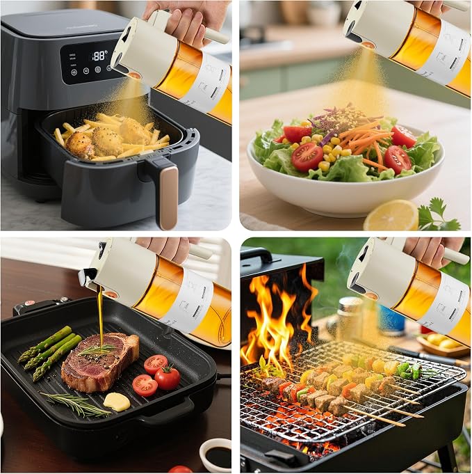 LAKUMIQI 2 in 1 Oil Sprayer for Cooking, 17oz | Light-Blocking Glass Spray Bottle with Stickers, Oil Dispenser for Salad, Air Fryer & BBQ