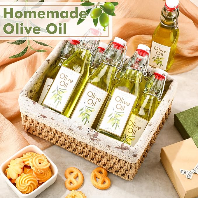 Havawish 16 Pcs 8 oz Mini Olive Oil Bottles Homemade Swing Top Clear Flip Top Bottles with Airtight Lids Labels for Storing Homemade Olive Oil Wedding Baby Shower Favors(Square)