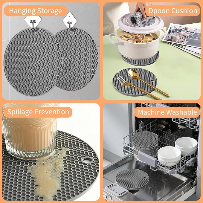 Silicone Trivet Mats, 4 Pack Trivets for Hot Dishes and Pans, Heat Resistant Non-Slip Trivet for Kitchen Countertop, Easy to Clean(Gray)