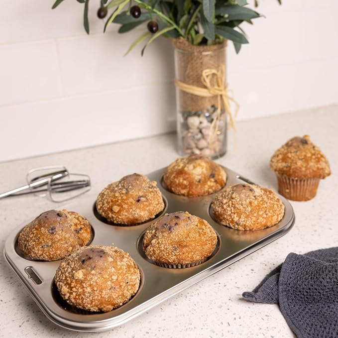 Fox Run Stainless Steel Extra Large Muffin and Cupcake Pan, 6 Cup Jumbo Tin | Bake Jumbo Cupcakes & Muffins | Durable Dishwasher Safe Stainless Steel | 6 XL Cups | Consistent Results | Baking Essential
