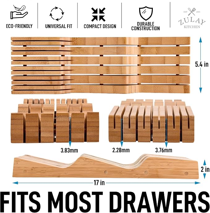 Zulay Kitchen Bamboo Knife Drawer Organizer Insert - Edge-Protecting Knife Organizer Block Holds Up To 11 Knives - Smooth Finish Drawer Knife Organizer Tray Fits In Most Drawers For Kitchen