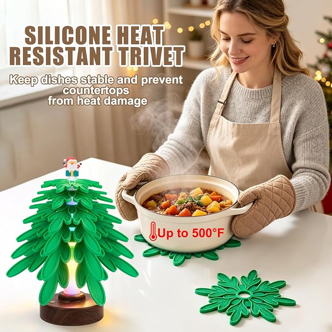 Silicone Tree Trivets for Hot Dishes Hot Pots and Pans, Heat Resistant Coaster Set with 3 Lighting Modes Decor (6 Trivets + 1 Stand)