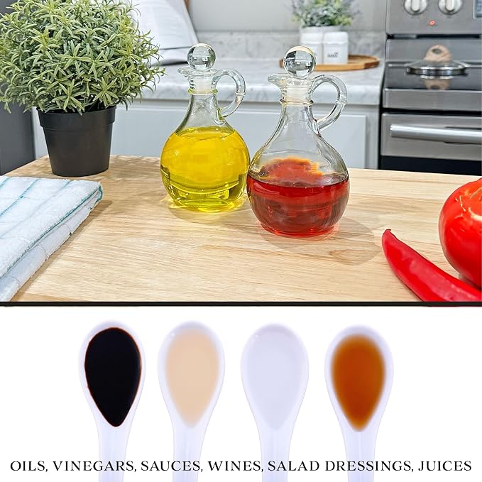 Cornucopia Brands Glass Oil and Vinegar Cruets (Set of 2); 8oz Round Oil Dispensers/Salad Dressing Bottles with Stoppers