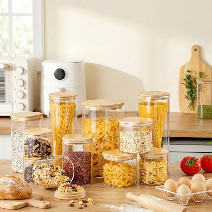 HomArtist Square Glass Jars with Bamboo Lids [Muti Size Set of 5], Glass Canisters with Airtight Lids, Glass Food Storage Containers for Pasta, Cereal, Flour, Sugar, Best for Kitchen & Pantry | 79oz/53oz/27oz Airtight Jars for Pantry & Kitchen, Durable...