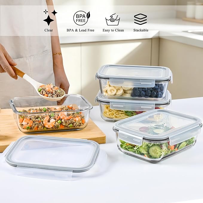 GEHE 4 Pack 52oz Glass Food Storage Containers with Lids, Large Glass Storage Containers with Airtight Lids, Meal Prep Container for Storing & Serving, Leak Proof, BPA Free, Microwave/Oven Safe