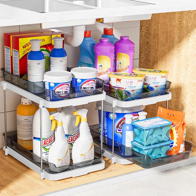 Delamu 2-Tier Multi-Purpose Bathroom Under Sink Organizers and Storage, Stackable Kitchen Pantry Organization, Pull Out Medicine Cabinet Organizer with Movable Dividers, Black, 2 Pack
