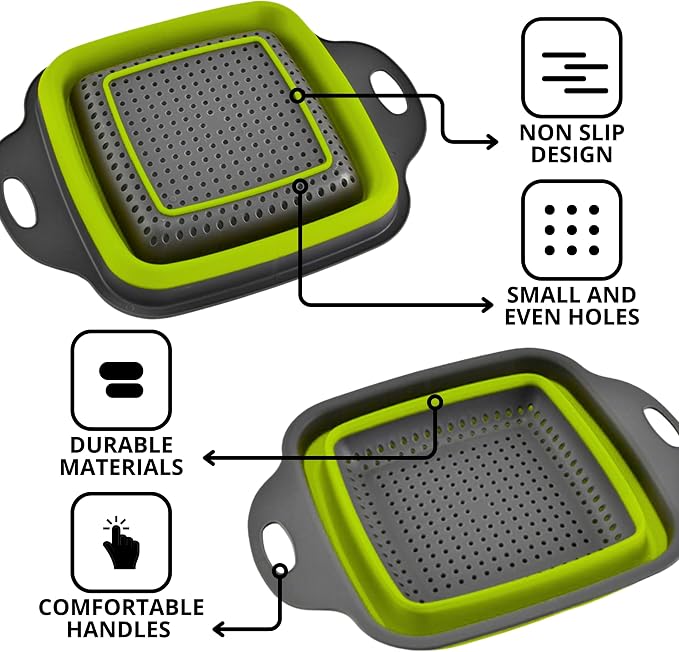 Square Collapsible Colander with Handles – Green Square Silicone Kitchen Strainers with Plastic Handles Foldable Kitchen Strainer Perfect for Draining Pasta Vegetable and Fruit Green
