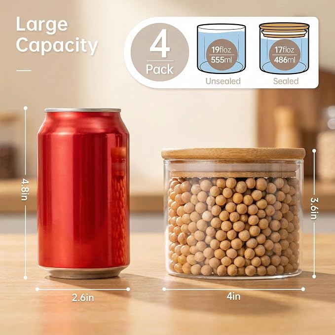 17 oz Glass Jars with Bamboo Lids, Airtight Food Storage Containers, 4 Pack | Round Small Pantry Jars for Spices, Nuts & Seeds , Durable Borosilicate Glass Canisters Keep Food Fresh, Easy to Fill & Clean