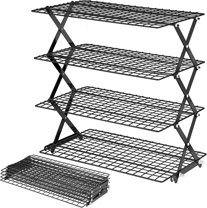 BEWOS 4 Tier Collapsible Cooling Rack - Adjustable Black Stainless Steel Baking Rack with Mesh Leak Proof, Foldable X-Shaped Structure Cooling Racks for Cooking and Baking, Dishwasher Safe