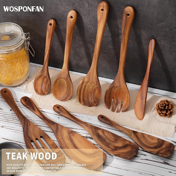 Wooden Utensil Set 9 Pcs,Sturdy & Easy to Clean, Natural Teak Wooden Spoons for Cooking,Spatula Set, Slotted Spoon, Wooden Spoon Set,Terrific for Everyday Kitchen Tasks