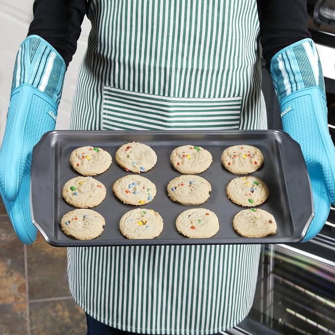 Alselo Oven Mitts Heat Resistant Silicone Kitchen Gloves for 550 Degrees with Waterproof and Non-Silp, Oven Gloves for Baking Cooking Barbecue Microwave Machine Washable (2, Extra Long Sapphire)