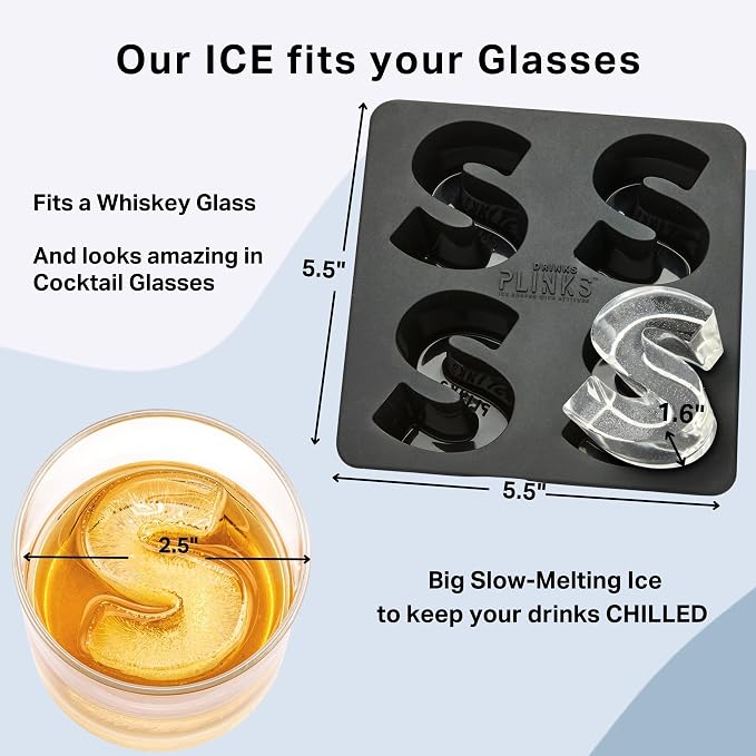 DRINKSPLINKS Custom Letter S Ice Cube Molds. Monogram Ice Cube Mold with Initials. Large Monogrammed Silicone Trays for Bourbon, Whiskey and Cocktails. Fun, Customized Gifts for Men and Women.