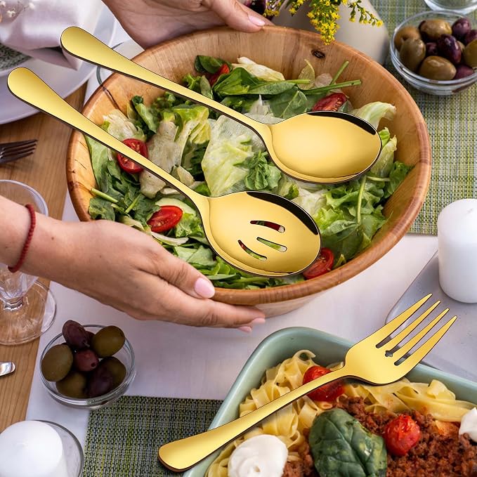 Homikit Stainless Steel Gold Serving Utensils Set of 6, 8.7 Inch Metal Serving Spoons Slotted Spoons Forks Hostess Set for Catering Buffet Party Banquet Restaurant, Mirror Polish, Dishwasher Safe