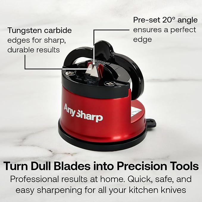 AnySharp – Pro – Hands Free Knife Sharpener - Easy to Use Sharpening Tool with PowerGrip Suction Base and 20-Degree Pre-Set Angle - for All Knives: Chef's, Serrated, and Hardened Steel - Matte Red