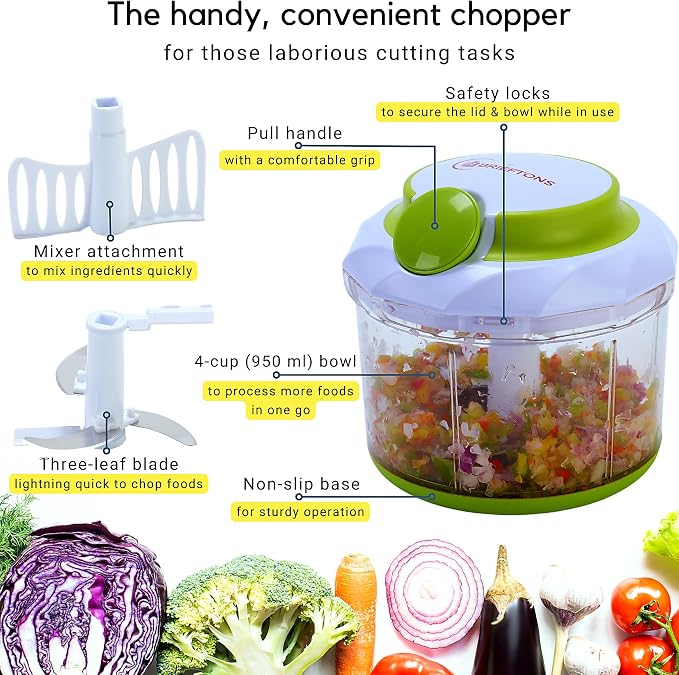Brieftons QuickPull Manual Food Chopper, 4-Cup Hand Pull String Chopper, No Electricity, Chops Onion Tear-Free, Garlic, Vegetables, Herbs, Nuts for Salsa, Guacamole, Pesto, Baby Food, RV, Camping