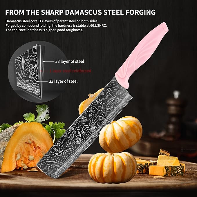 Damascus Knife Set 18Pcs Non Stick Sharp Kitchen Knives Set with Acrylic Block Cutlery Knives Block Set Chef Quality Best Gift Pink Handle