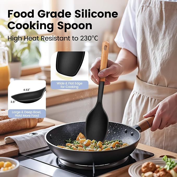 Large Silicone Cooking Spoons Set, 2 Pcs Heat Resistant Serving Spoon, Nonstick Multifunction Spatula Spoon, Kitchen Cucharras de Silicona Cocina for Mixing, Scooping, Scraping, Basting, Stiring