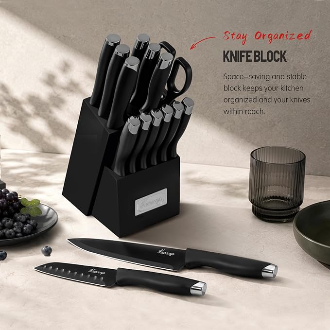 Knife Sets for Kitchen with Block, 15 Pieces Chef Knife Set with Self Sharpening, Stainless Steel Nonstick Ceramic Anti-Rust Coating Blades, Ergonomic Handle, Black Grey