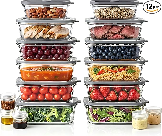 12 Pack Glass Food Storage Containers Set with Glass Lids | 21oz*10 + 13oz*2 Glass Meal Prep Containers with 5 Mini Sauce Jars, Leakproof Glass Containers for Lunch, Leftovers,non-toxic
