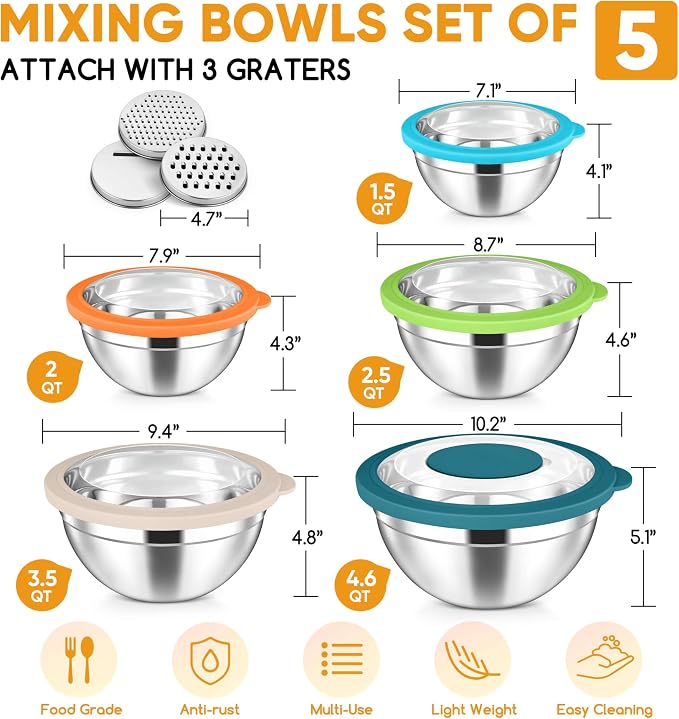 Herogo 5-Piece Mixing Bowls with Visible Lids, 3 Grater Attachments, Stainless Steel Salad Serving Bowls for Kitchen, 4.6/3.5/2.5/2/1.5 QT Ideal for Prepping & Cooking, Colorful
