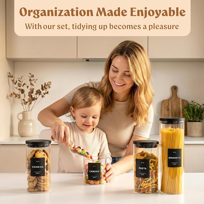 Glass Pantry Storage Jars Containers with Black Lids and Labels - Set of 5 | Extra Thick Round Glass Canisters with Black Lids and 54 Pre-printed Pantry Labels keeps dry Goods Fresh and Organized
