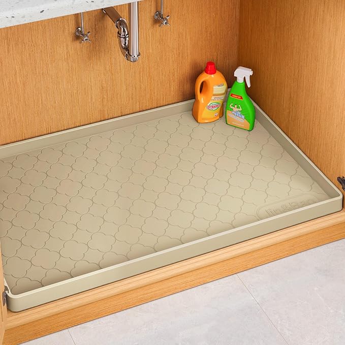 Jin&Bao Under Sink Mat 28" x 22" Waterproof Silicone Cabinet Kitchen Liner | Silicone kitchen cabinet protector, bathroom shelf liner, raised edge traps leaks, anti-slip, easy to clean & dishwasher safe