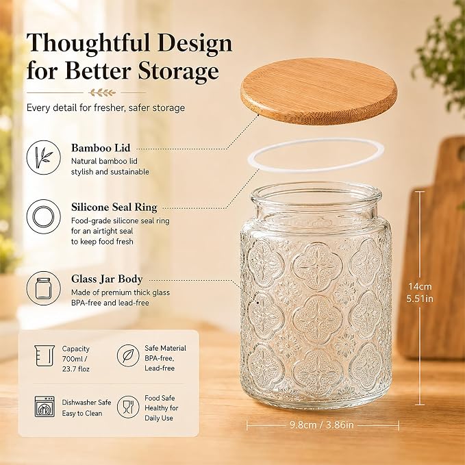 Glass Storage Jars With Airtight Lid, 23.7oz Canister For Kitchen Counter with Bamboo Lid, brown sugar, candy, coffee, cookie, salt, tea,pantry cute Jar (Begonia Flowers*1)