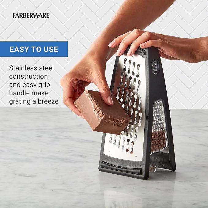 Farberware Professional Box Grater with Container, Stainless Steel Coarse and Fine Blades, Nonslip Base, Easy-Grip Handle, Dishwasher Safe - Cheese, Vegetable, Chocolate Grater with Catch Tray