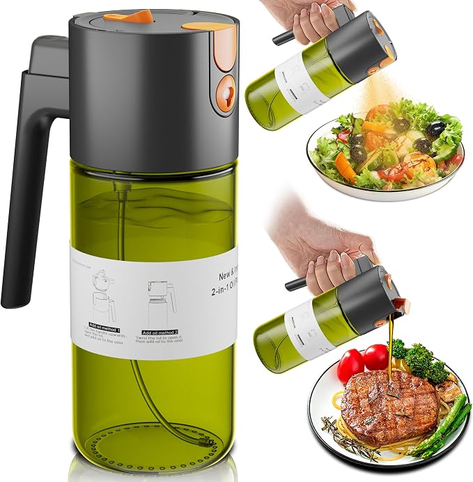 LAKUMIQI 2 in 1 Oil Sprayer for Cooking, 17oz | Light-Blocking Glass Spray Bottle with Stickers, Oil Dispenser for Salad, Air Fryer & BBQ