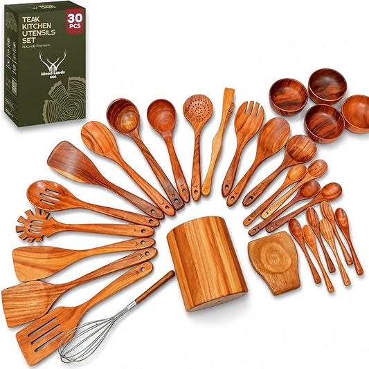 30 Pcs Teak Wooden Utensil Set – Premium Cooking Utensils Set, Natural Wooden Spoons for Cooking - Sturdy Kitchen Utensils & Cooking Spoons for Every Chef