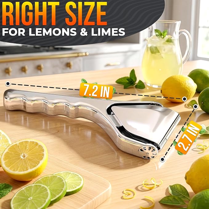 Lemon Squeezer Stainless Steel – Heavy Duty Flat Fold Design, Gets Every Last Drop, Rust Resistant Manual Citrus Juicer for Lemon, Lime, Orange, Easy to Clean, Dishwasher Safe, for Fresh Citrus Drinks
