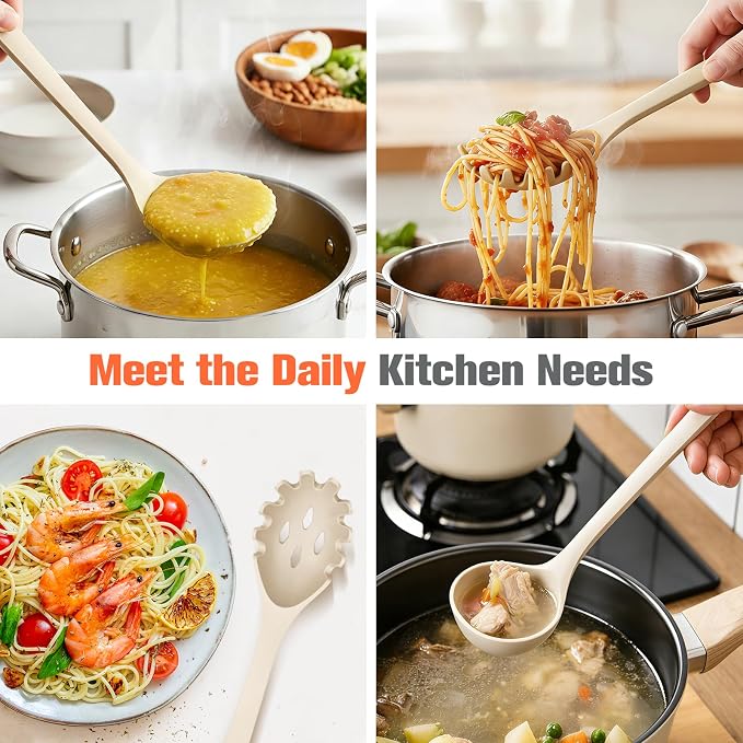 Silicone Spaghetti Spoon&Soup Ladle Cooking Utensils Set of 2,No Scratch for Nonstick Cookware,BPA Free, 450℉ Heat Resistant (KHAKI)