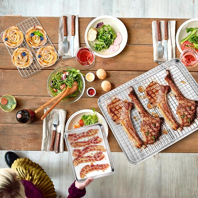 P&P CHEF 16 + 10.4 Inch Baking Sheet Pan and Cooking Rack - 4 Pieces | 2x Cookie Sheet + 2x Grid Rack, Stainless Steel Oven Tray with Wire Rack for Oven Baking, Healthy & Sturdy & Easy to Clean
