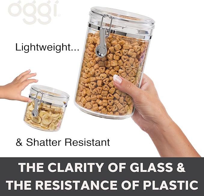 Oggi Clear Canister with Clamp Lid, 38 oz - Large Airtight Food Storage Container, for Kitchen & Pantry Storage of Bulk, Dry Foods Including Pasta, Flour, Sugar, Coffee, Rice, Tea, Spices & Herbs
