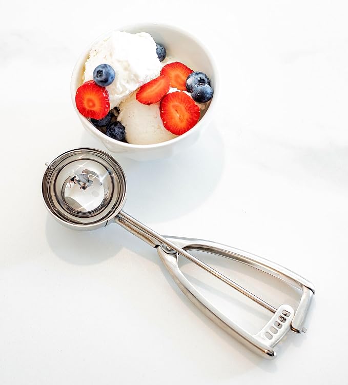 Jenaluca Extra Large Ice Cream Scoop, 18/8 Stainless Steel, 1/3 Cup, #12 | Commercial grade disher for ice cream, pancakes, burgers & food portions. Squeeze handle. Dishwasher safe.