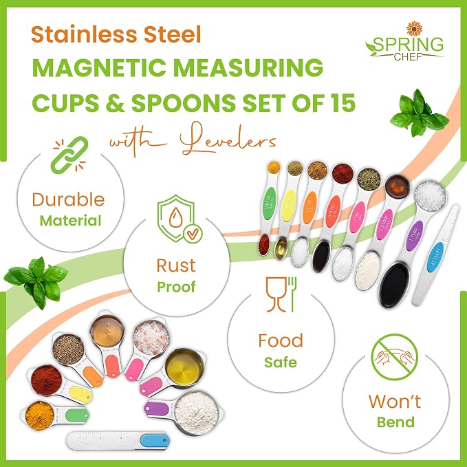Spring Chef Magnetic Measuring Cups & Spoons Set of 16, Patented, Neon | Stackable Stainless Steel Measuring Cups & Heavy Duty Metal Measuring Spoons with Levelers for Dry & Liquid Ingredients