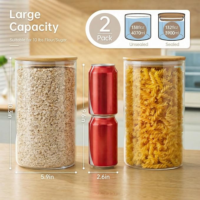 132oz Large Glass Storage Containers with Bamboo Lids for Flour & Sugar -2P | Airtight Pantry Jar for Flour, Sugar & Rice, Durable Borosilicate Glass Canisters Keep Food Dry & Fresh, Easy to Fill & Clean