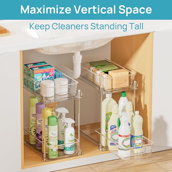 Vtopmart 2 Pack Taller Pull Out Bathroom Under Sink Organizer (S-Higher) | Slide-out drawers, Multi-purpose storage, Clear visibility, Easy Set-up