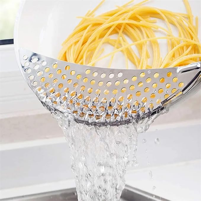 Pack of 2 Held Crescent Drainer Pan Pot Strainer with Handle Stainless Steel Hand for Spaghetti Fry Noodles Fruit Vegetable Pasta Strainer Colander Heavy Duty Food Drainers