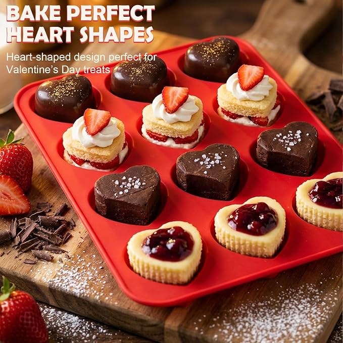 HKNMTT 2Pcs Silicone Heart Molds for Chocolate Muffin 12-Cavity Nonstick | 2.2 Inch，BPA-Free，Oven Safe Mold for Cakes Jello Soap Cupcake Dessert, Valentine's Day