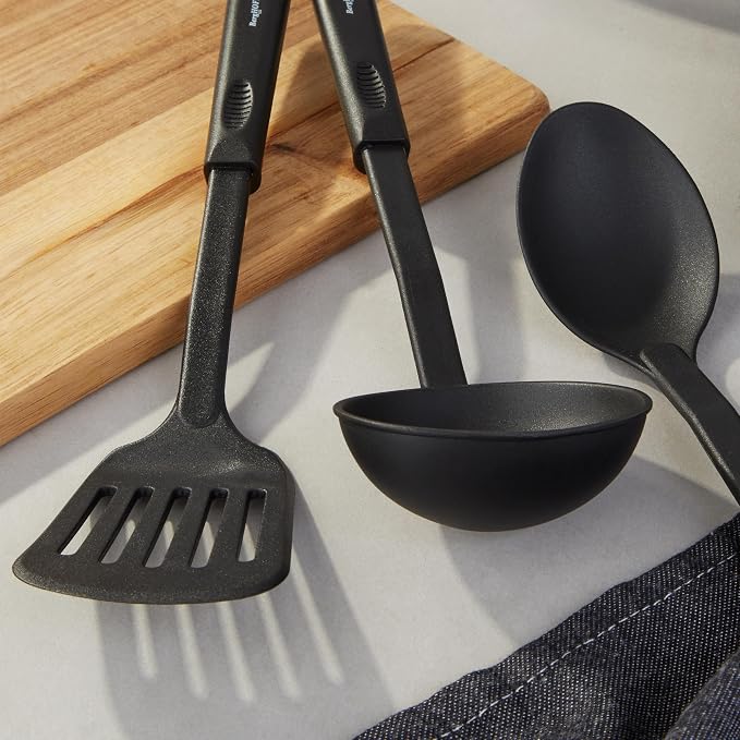 BergHOFF Studio 5Pc Nylon Cooking Utensil Set Skimmer Slotted Turner Slotted Spoon Soup Spoon Ladle Black Wide Handle with Hanging Ring Everyday Use