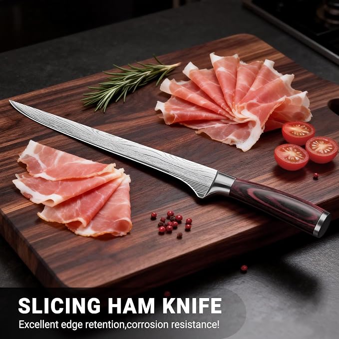 Carving Knife 10 Inch Ham Slicing Knife for Meat Cutting, Ultra Sharp Kitchen Knife High Carbon Stainless Steel Butcher Knife with Wooden Handle, Chinese Cleaver for Perfect Birthday Gifts