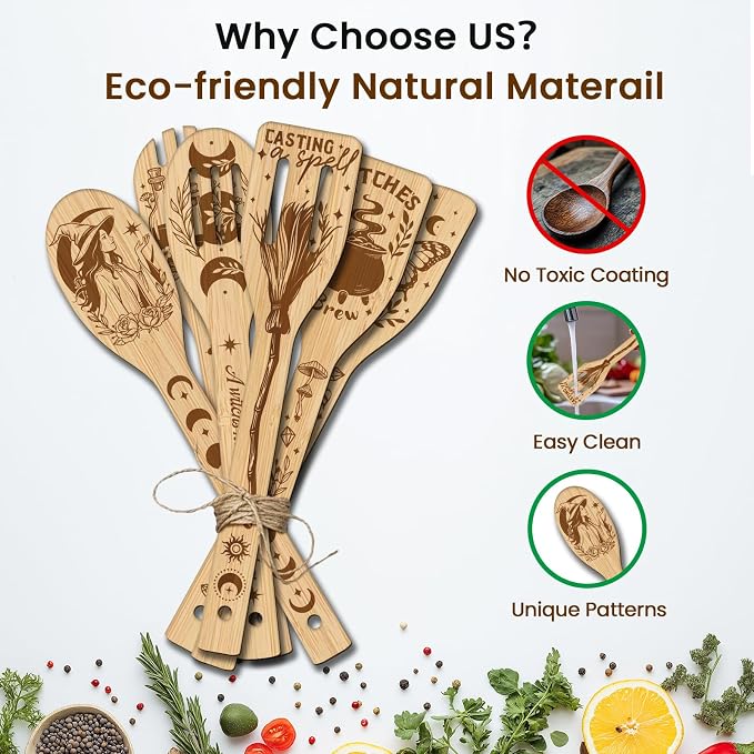 CUTHOLLOW 6PCS Magic Witch Wooden Kitchen Cooking Utensil Set, 11.9in Non Toxic Bamboo Wood Spoon Set for Cooking, Best Housewarming Halloween Decor Gift for Women Mother
