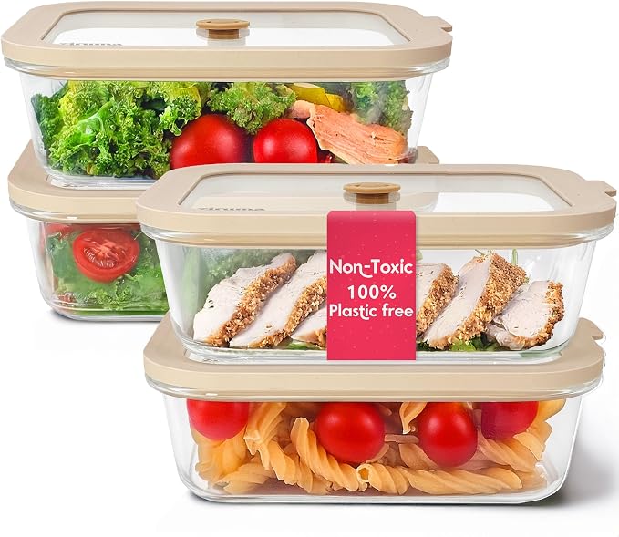 Non-Toxic Glass Food Containers with Lids, 4-Pack, 35 oz, Airtight, Beige | Plastic & BPA free. Glass body, glass lid & platinum silicone seal. Airtight & leakproof. Freezer & microwave safe.